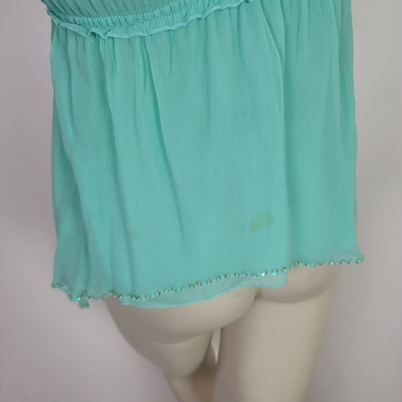 Y2K beaded silk blend mint green top asymmetric hem. - Picture 9 of 15